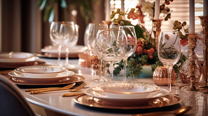 Elegant Table Setting with Fine China and Crystal Glasses