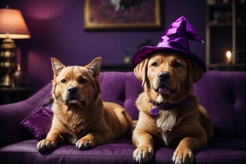 Cute photograph of two Labrador retrievers with violet witch hats on the sofa in front of the fireplace