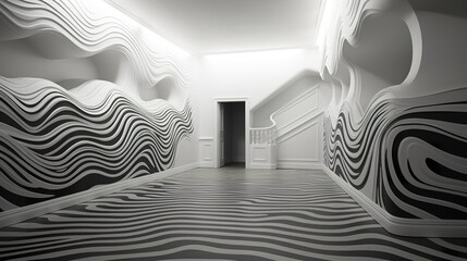 Unique architectural representation in black and white contrast minimalist painting. Surrealistic black and white minimalist concept illustration of the interior of a residence.