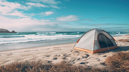 Camping Near a Sandy Beach as Waves Crash Nearby