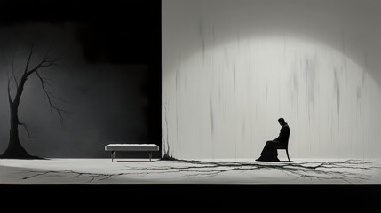 Representation of a lonely person sitting in black and white contrast minimalist painting. Surrealistic black and white minimalist concept illustration.