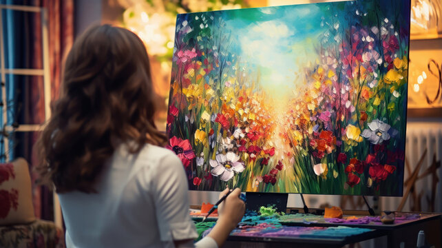 Woman painting on a canvas set up in her living room