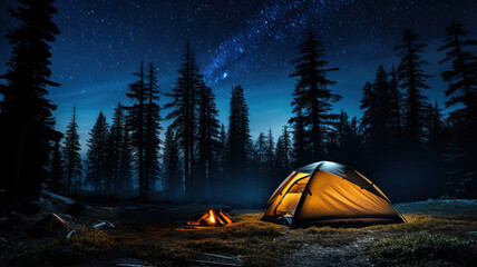 Tent Under a Sky Filled with Stars in a Remote Forest