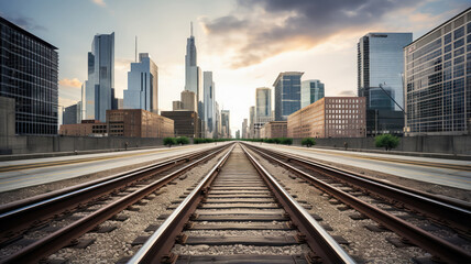 Fototapeta na wymiar View of the train tracks leading into the skyscraper skyline