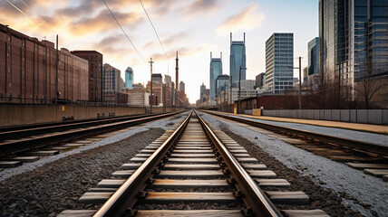 Fototapeta premium View of the train tracks leading into the skyscraper skyline