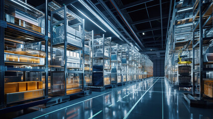 Fototapeta premium Wide-Angle View of a Multi-level Warehouse with Automated Systems