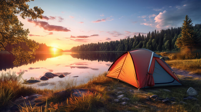 Camping Tent Beside a Tranquil River at Sunrise