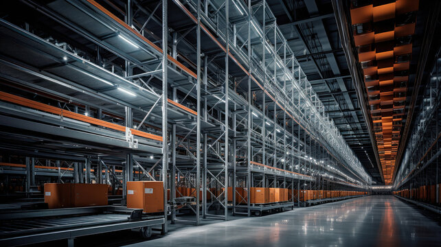 Wide-Angle View of a Multi-level Warehouse with Automated Systems