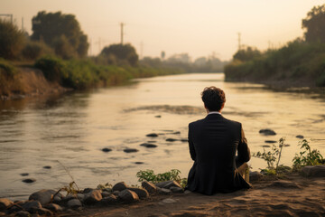 A person taking a moment of quiet reflection at a riverbank during the Tashlich ceremony, embracing the symbolic act of renewal. Generative Ai.