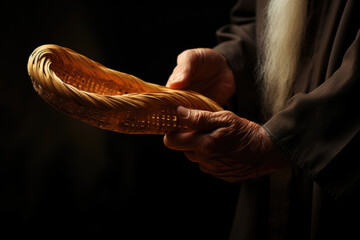 A close-up of a person's hand holding a shofar, highlighting the central role this traditional instrument plays in the Rosh Hashanah observance. Generative Ai.