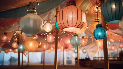 Fototapeta na wymiar Interior of a Bohemian Festival Tent Adorned with Lanterns