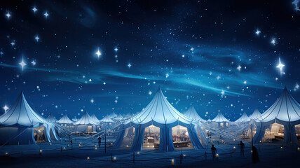 Illuminated Festival Tents Under a Starry Sky - obrazy, fototapety, plakaty
