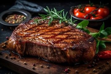 Tasty flavour steak with rosemary and spices on wooden board. Delicious food. AI generative - obrazy, fototapety, plakaty