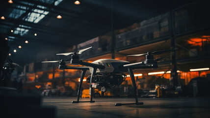 Security drone patrolling inside an expansive warehouse