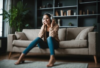 Obraz premium Girl sitting on sofa listening to music at home with headphones - young woman
