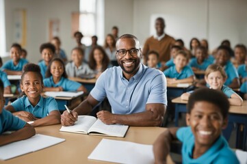 Fototapeta premium Smiling male teacher in elementary school class - learning students, educational environment