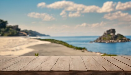 Fototapeta premium Blue sky, sea, and island background with wooden table in front