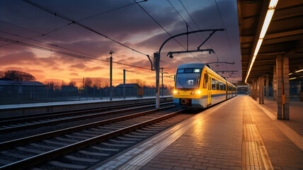 Naklejka premium A lone train at an empty station platform in the evening