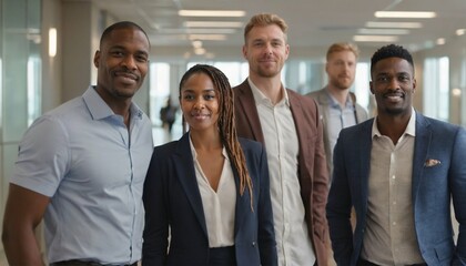 Powerful poses struck by black and white individuals, embodying professionalism and confidence, symbolizing the synergy and strength of a dynamic corporate team