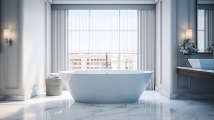 Fototapeta na wymiar Freestanding bathtub accented by elegant fixtures in a hotel bathroom
