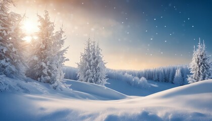 Naklejka premium Winter snow scene with snowdrifts, beautiful light and snow flakes on blue sky in the evening, banner format, copy space
