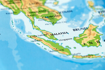 world map or atlas of asia continent and indonesia, malaysia, singapore in close up - obrazy, fototapety, plakaty