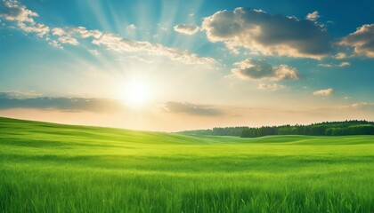 Fototapeta na wymiar Blue sky with sun and green field with grass, beautiful panoramic natural landscape, spring summer background