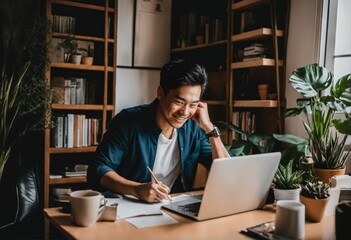 GenZ Asia man smiling in cozy home office, work from home wfh people concept - obrazy, fototapety, plakaty
