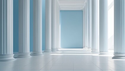 Tilted columns in beautiful airy widescreen, minimalistic white and light blue architectural background banner