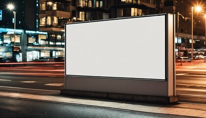 Blank billboard digital sign poster mockup on urban street at night for advertising and marketing, empty white