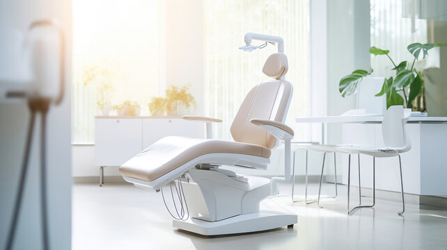 High-angle shot of an empty, modern dental chair in a well-lit room