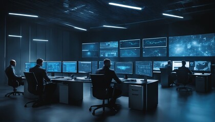 Security team in futuristic cybersecurity workspace with advanced encryption and biometric access