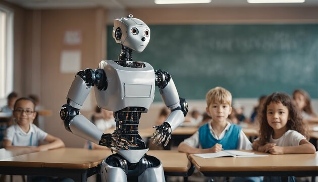Science and artificial intelligence technology taught by humanoid education robot teacher in front of a school classroom chalkboard