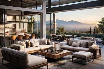Explore the beauty of a modern living room in a recently constructed luxury residence, designed with an open-concept layout that seamlessly joins the kitchen, dining space, and expansive windows.