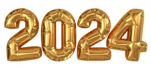 New Year 2024 design element. Isolated inflated golden balloon numbers. 3D rendering.