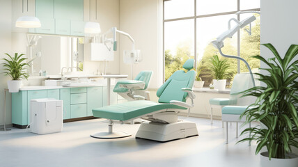Fototapeta na wymiar Interior of a dental extraction room featuring calming decor like plants and soothing colors