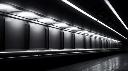 Row of Fluorescent Lights Along the Roof of a Subway Tunnel