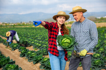 Two farm workers male and female in straw hats talking on the farm while pointing to something