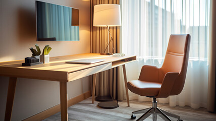 Sleek work desk set-up with an ergonomic chair in a hotel room