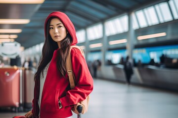 young Asian woman stands in a tracksuit at the airport