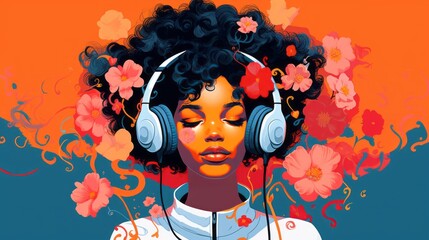 modern illustration of African american female with headphones and flowers background