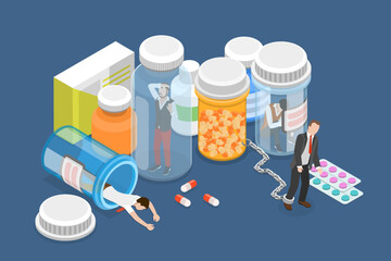 3D Isometric Flat Vector Conceptual Illustration of Drug Misuse, Society Addiction Problem