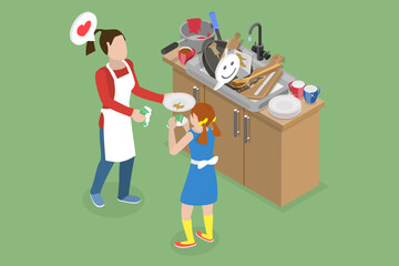 3D Isometric Flat Vector Conceptual Illustration of Little Helper, Kid and Mother Washing the Dishes