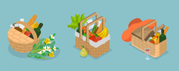 3D Isometric Flat Vector Set of Picnic Baskets , Food in Wicker Crates