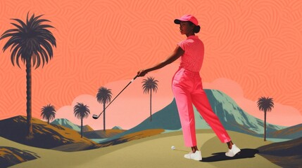 Retro Illustration of African American Female Playing Golf