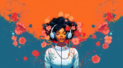 Retro Illustration of African American Female listening headphones with orange and blue flower background