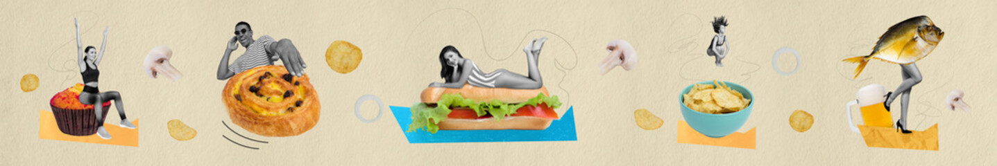 Panorama collage of sportswoman eat healthy cake man cookie girl lying sandwich jump bowl chips...