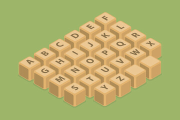 3D Isometric Flat Vector Conceptual Illustration of Wooden Alphabet Blocks, Elements for Puzzle or Crossword Game