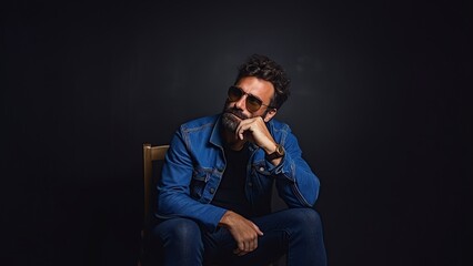 thoughtful hipster man in sunglasses dressed elegantly in modern style