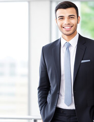 Successful young businessman smiling confidently.